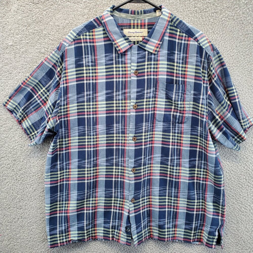Tommy Bahama Camp Hawaiian Button Up Shirt Size XL Plaid 100% Silk Short Sleeve